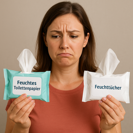 Eine Frau hält feuchtes Toilettenpapier und Feuchttücher in den Händen und fragt sich wo der Unterschied ist