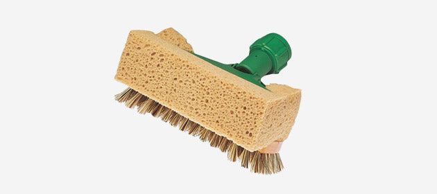 Glass cleaning sponge with bristle brush attachment for effective polishing.