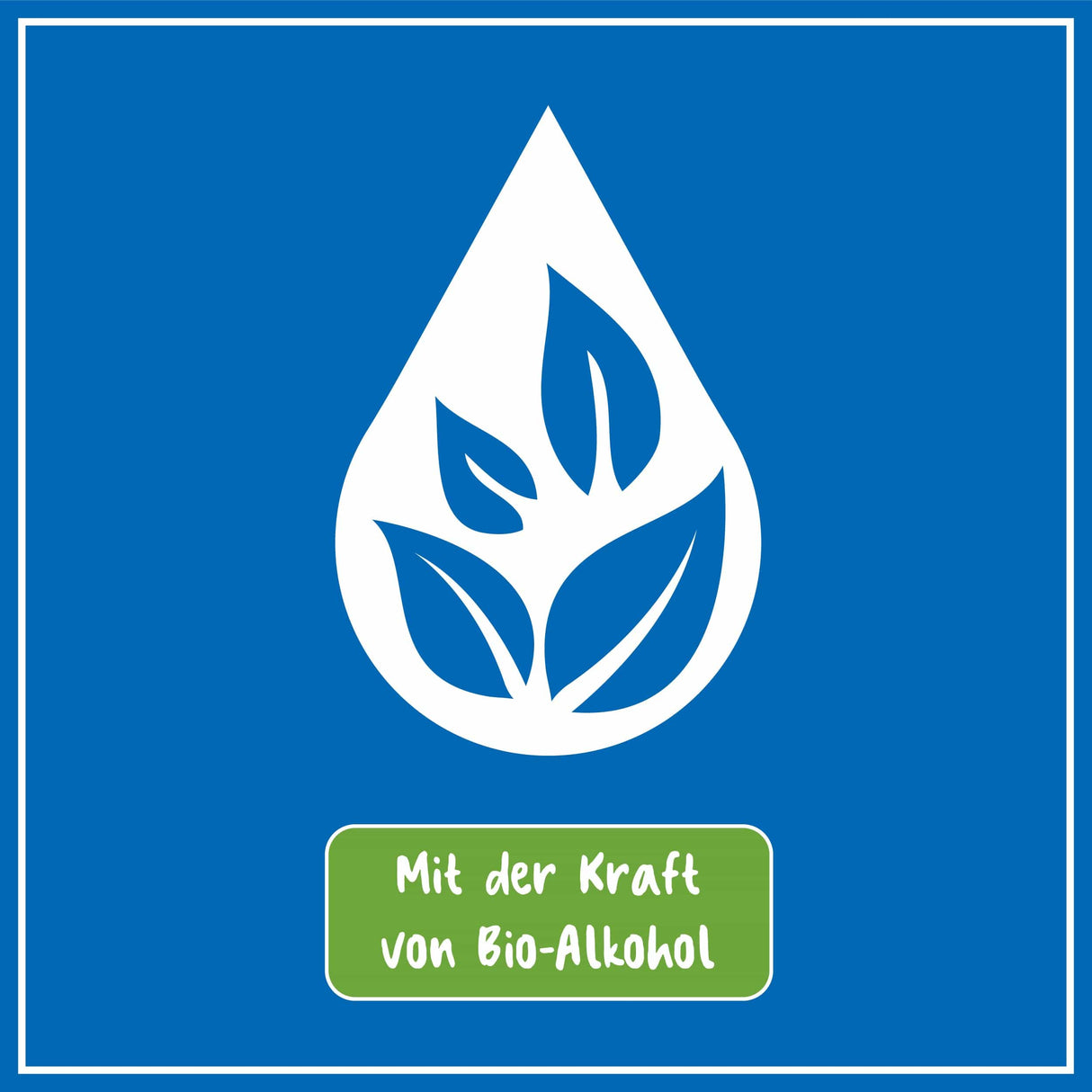 Tropfensymbol mit Blättern, Text "Mit der Kraft von Bio-Alkohol" auf blauem Hintergrund
