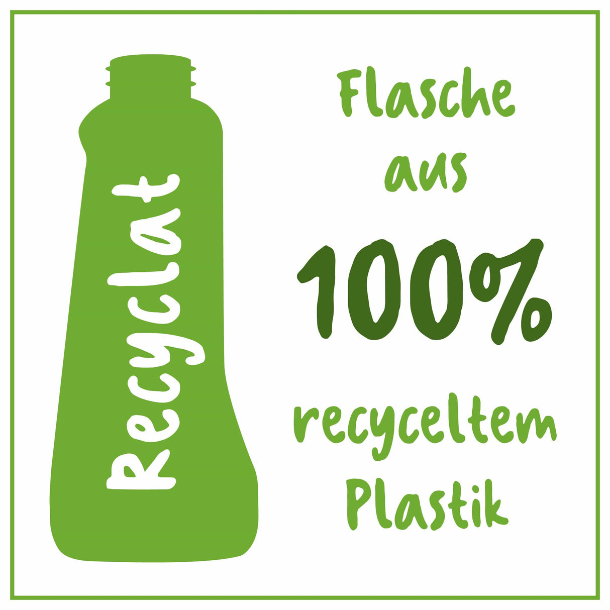 Flasche aus 100% recyceltem Plastik in grünem Design mit dem Wort "Recyclat" und Umweltfreundlichkeitshinweis.