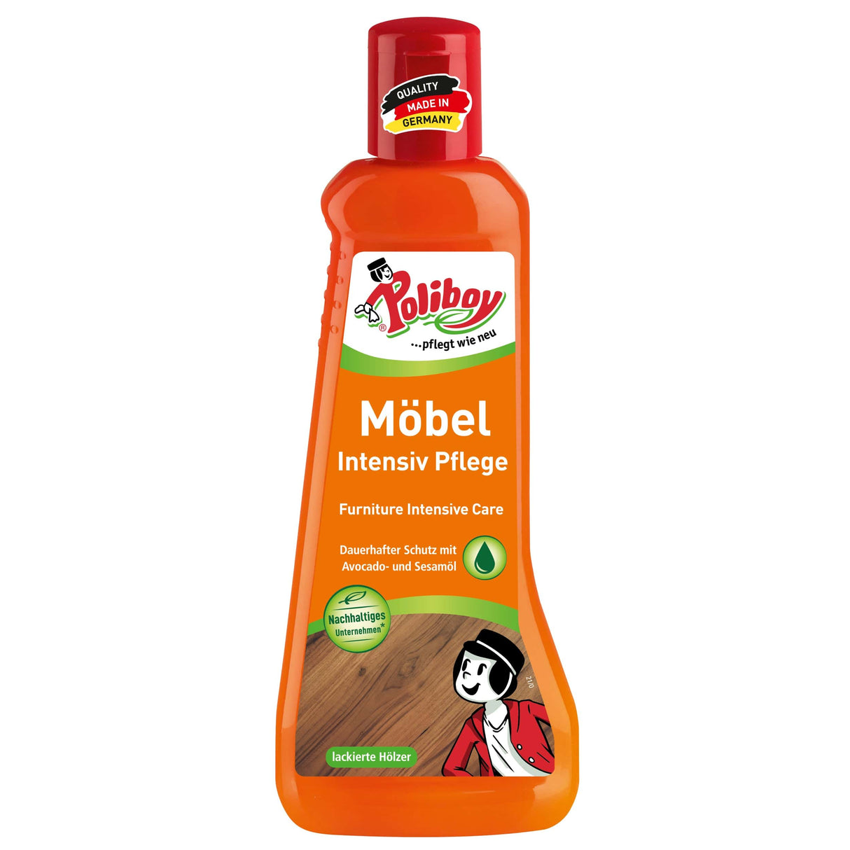 Poliboy Möbel Intensiv Pflege, Made in Germany, Reiniger für lackierte Holzoberflächen in orangefarbener Flasche.