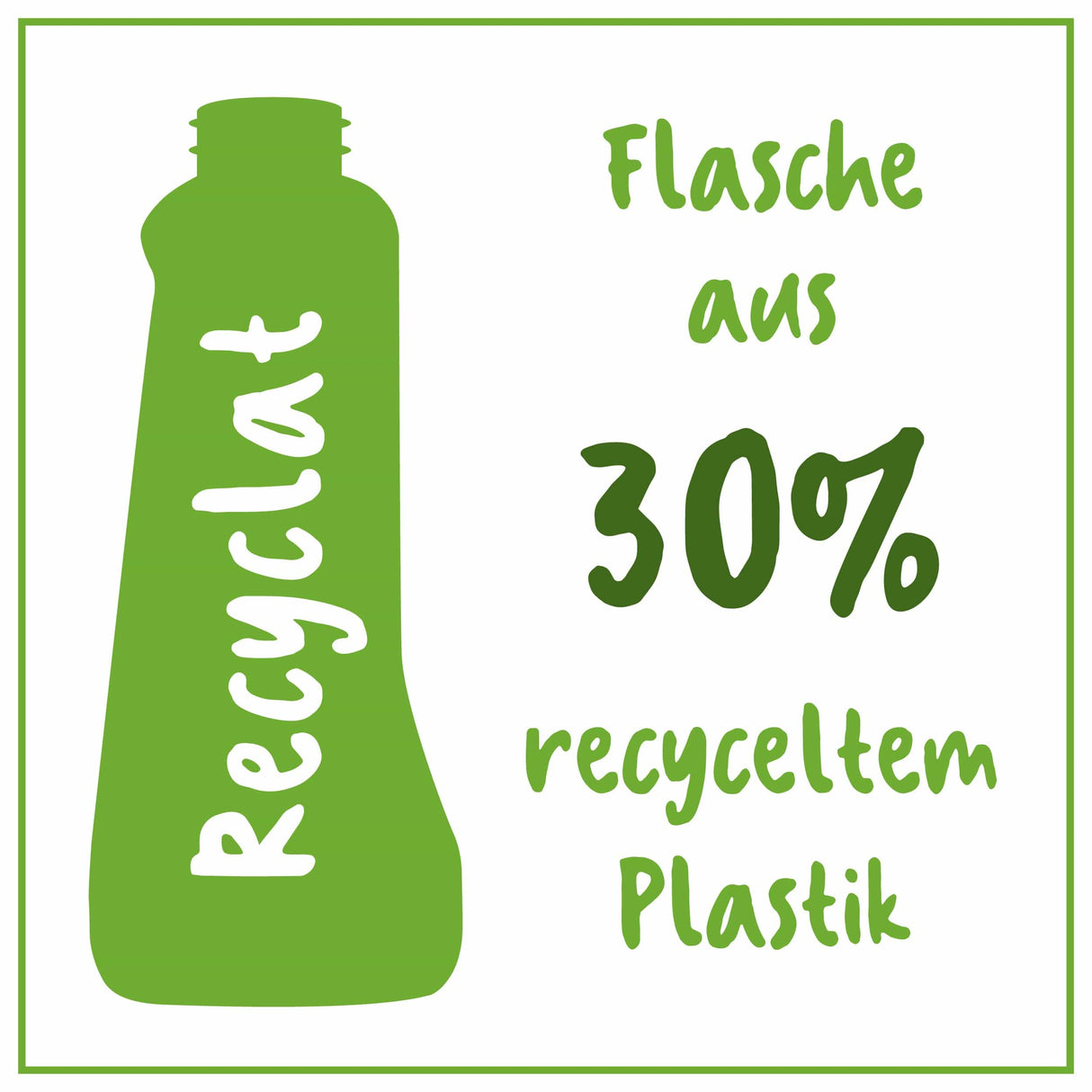 Grüne Flasche mit Recyclat-Beschriftung aus 30% recyceltem Plastik.