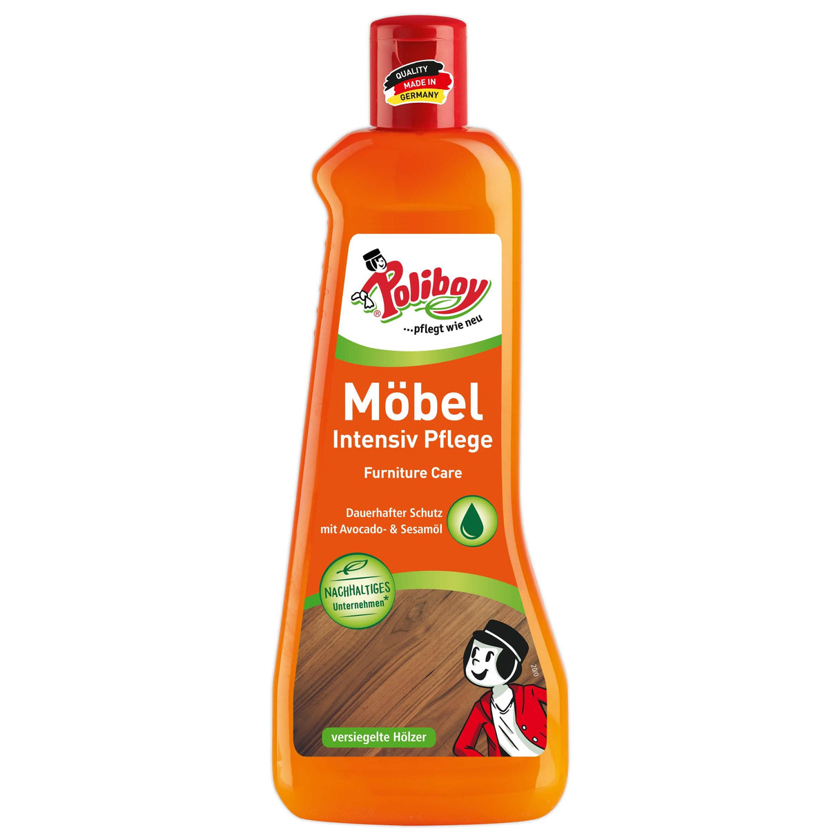 Poliboy Möbel Intensiv Pflege Flasche, ideal für Reinigung und Schutz von Holzoberflächen mit Avocado- und Sesam-Öl.