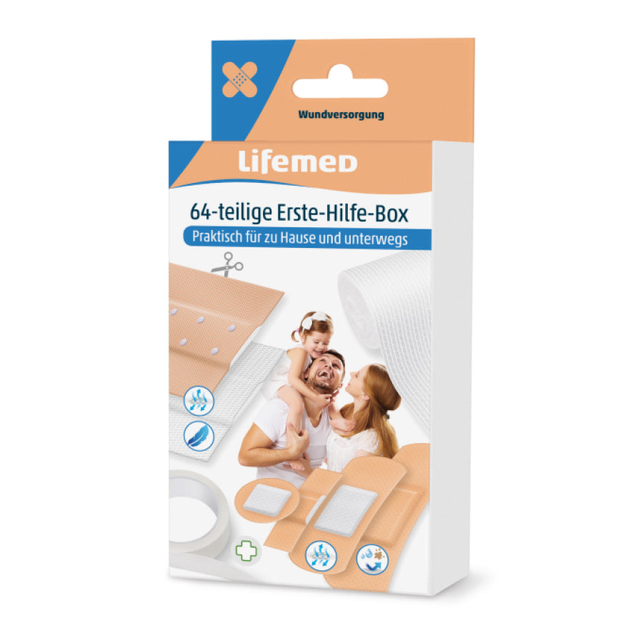 Erste-Hilfe-Box 64-teilig mit Mullbinde und Heftpflaster, Verpackung