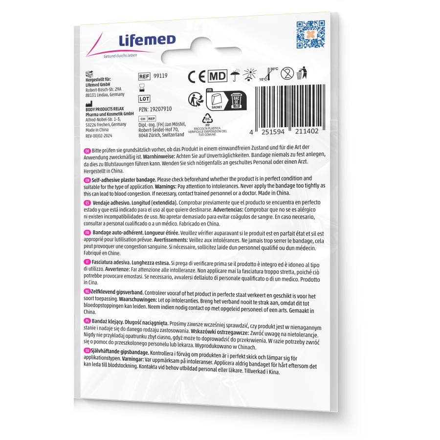 Selbsthaftender Pflasterverband, Verpackungsrückseite mit Hinweisen