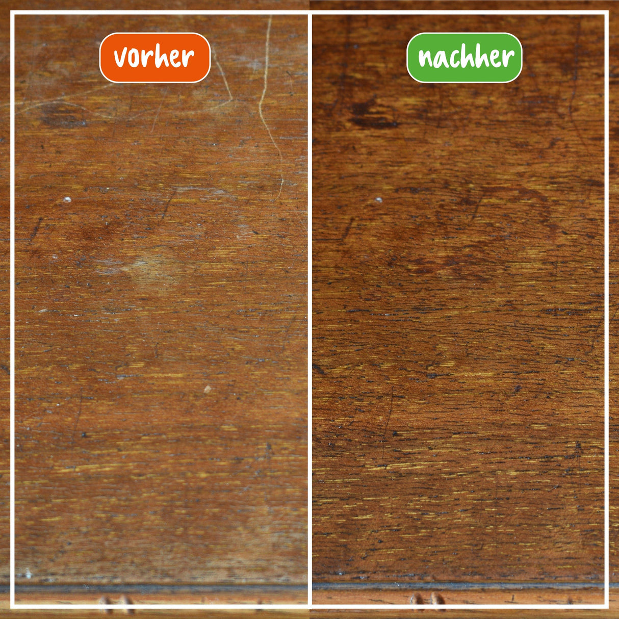 Vergleich von Holzoberfläche vor und nach der Anwendung der Poliboy fixneu Holz Politur dunkel, zeigt Reinigungseffekt.