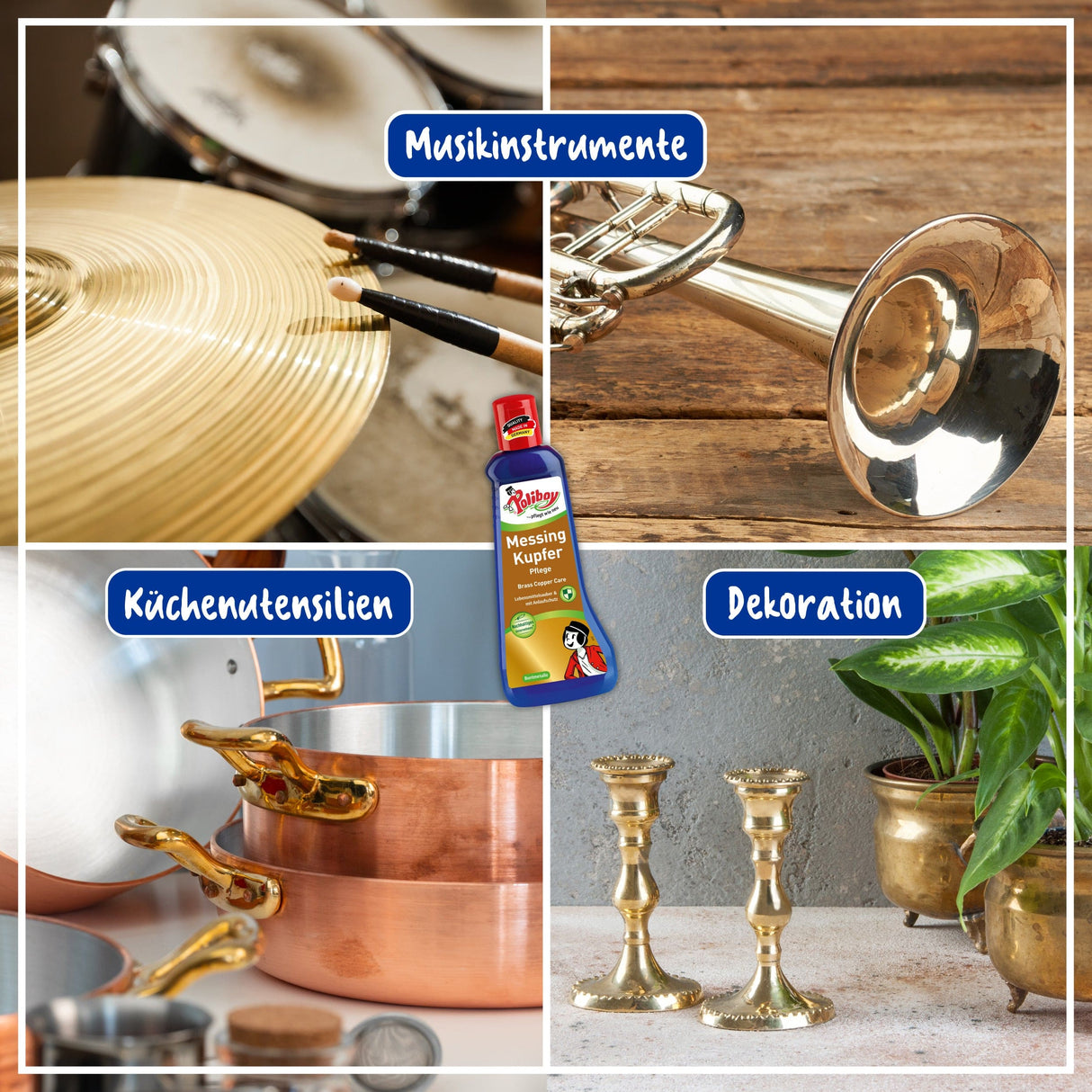 Poliboy Messing Kupfer Pflege für Musikinstrumente, Küchengeräte und Dekoration aus Messing und Kupfer.