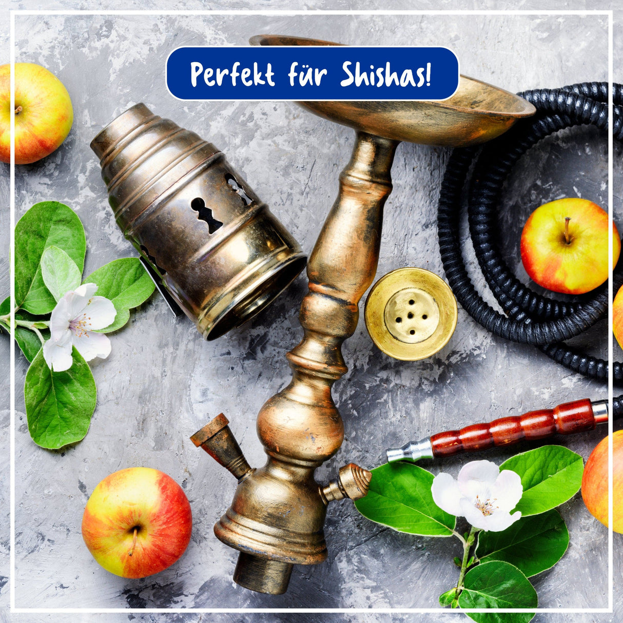 Messing-Shisha mit frischen Äpfeln und Blüten, Text "Perfekt für Shishas!" im Hintergrund.