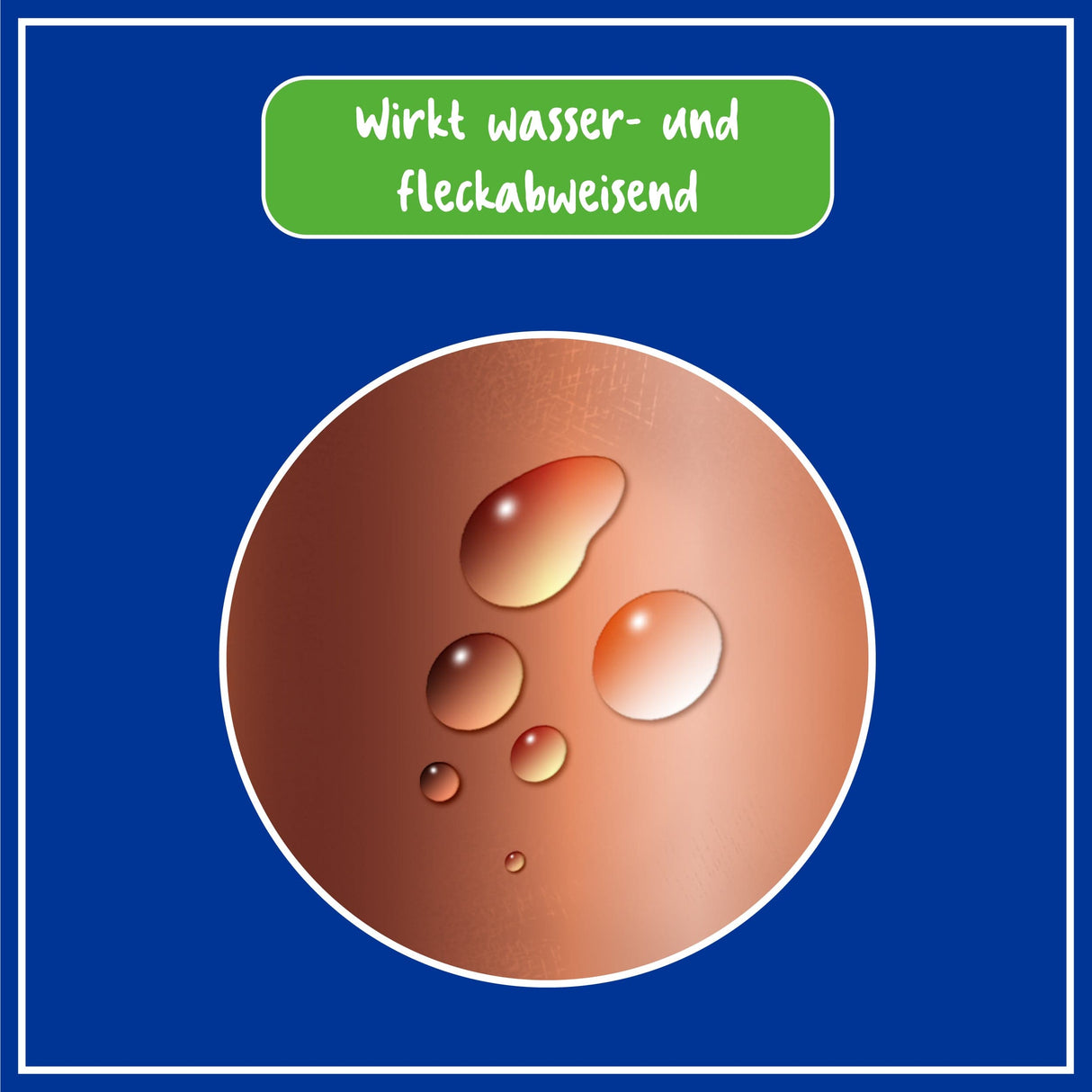 Wasser- und fleckabweisende Wirkung von Poliboy Kupferpflege auf Metalloberfläche mit Tropfenillustration.