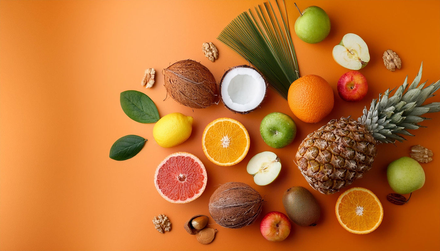 Bunte tropische Früchte auf orangem Hintergrund, darunter Ananas, Kokosnuss, Orangen, Grapefruit, Äpfel und Nüsse.