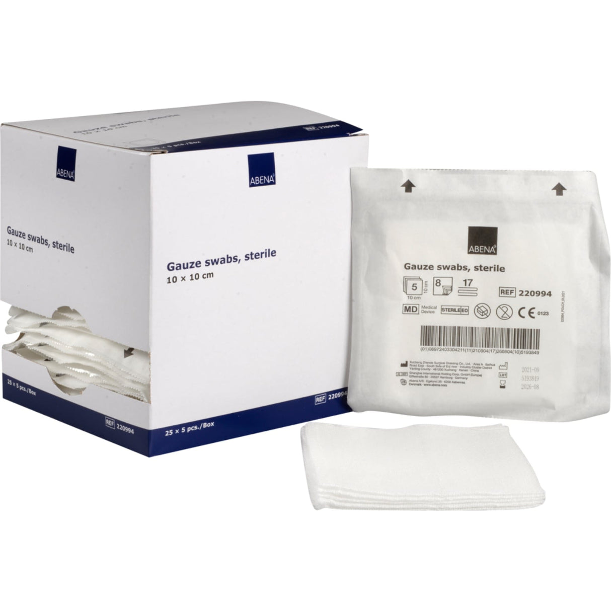 ABENA® Mullkompressen, 8-lagig, 17-fädig, steril, weiß 1 Karton (18 Packungen × 25 Beutel × 5 Stück) · 425067