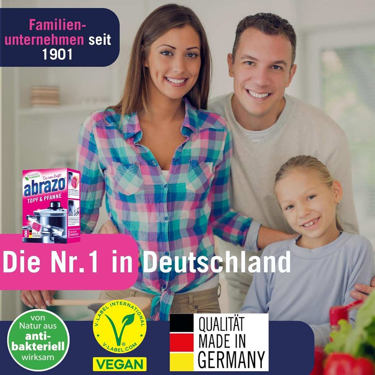 Familienunternehmen seit 1901, abrazo Produkte für Töpfe und Pfannen, Nummer 1 in Deutschland und vegan lizenziert.