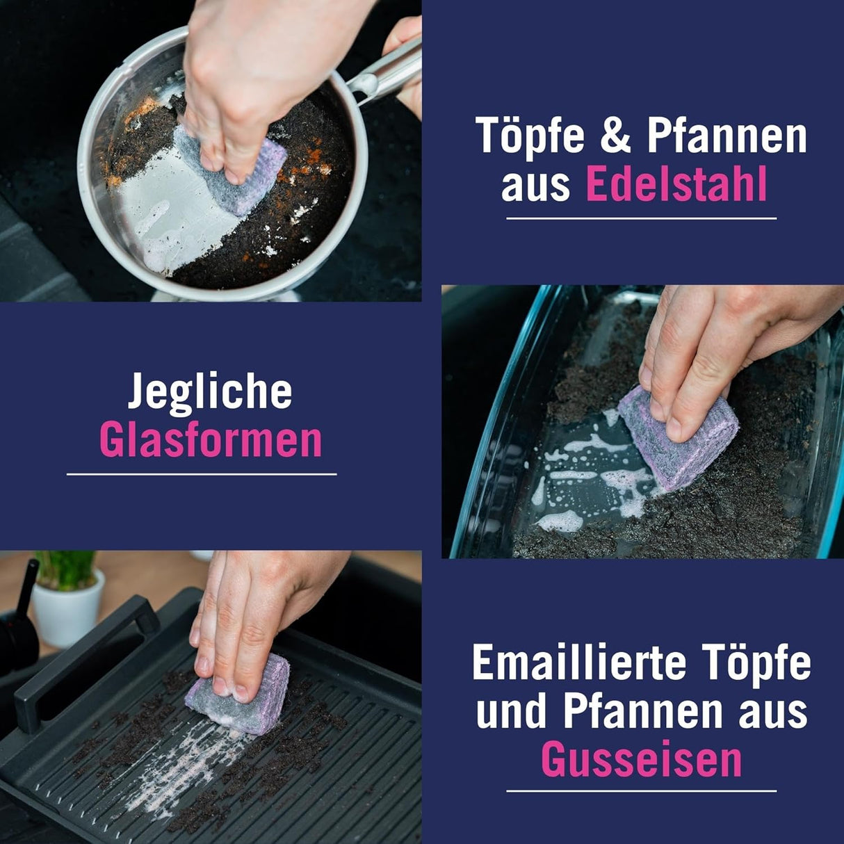 Reinigungskissen von abrazo für Töpfe, Pfannen, Glasformen und gusseiserne Küchenutensilien.