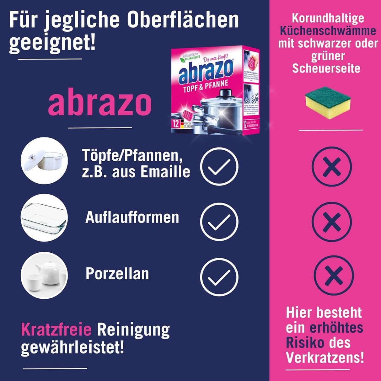 abrazo Reinigungskissen für Töpfe und Pfannen, geeignet für verschiedene Oberflächen. Kratzfreie Sauberkeit garantiert.