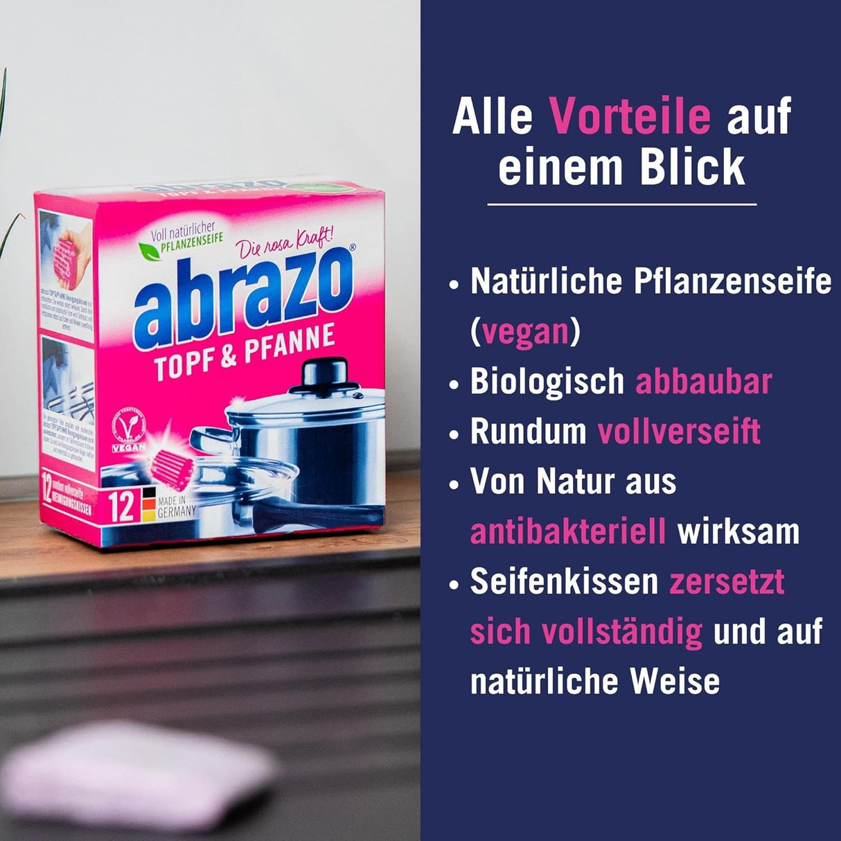 abrazo TOPF & PFANNE Reinigungskissen mit veganer Pflanzenseife für gründliche Sauberkeit und Glanz.
