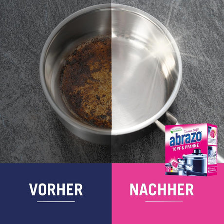 Vorher-Nachher Vergleich von Töpfen, gereinigt mit abrazo Reinigungskissen für glänzende Ergebnisse.