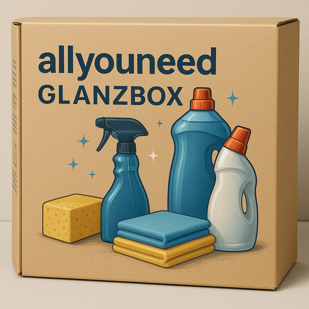 allyouneed Glanzbox mit Reinigungsprodukten und Schwämmen für professionelle Reinigung auf höchstem Niveau.