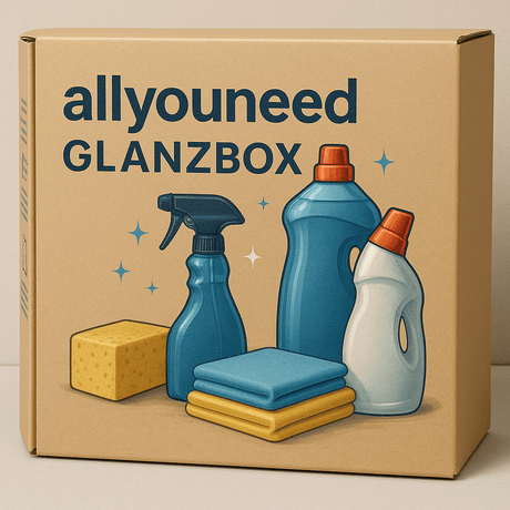 allyouneed Glanzbox mit Reinigungsprodukten und Schwämmen für professionelle Reinigung auf höchstem Niveau.