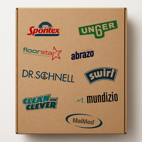 Verschiedene Markenlogos auf einer Kartonverpackung der allyouneed Glanzbox für professionelles Reinigungsequipment.