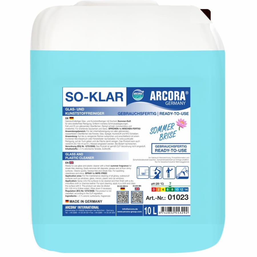 ARCORA SO-KLAR Glas- und Kunststoffreiniger 10 Liter Kanister