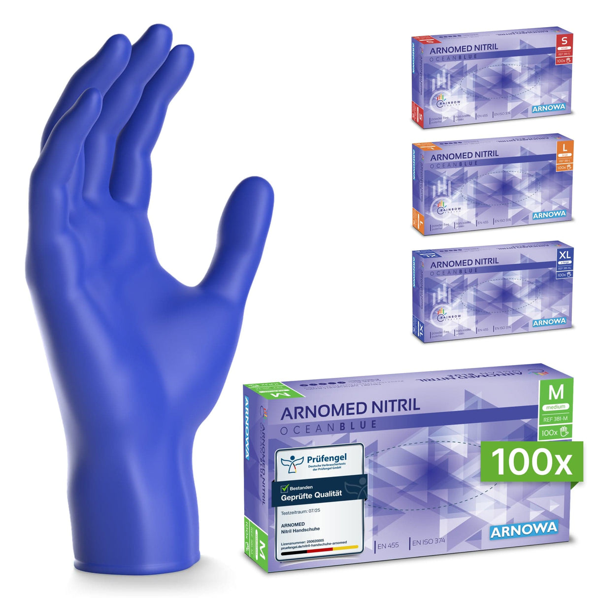 ARNOMED Einweghandschuhe Nitril Blau (Ocean Blue) in blauer Farbe, Verpackung und Handmodell in Ansicht.