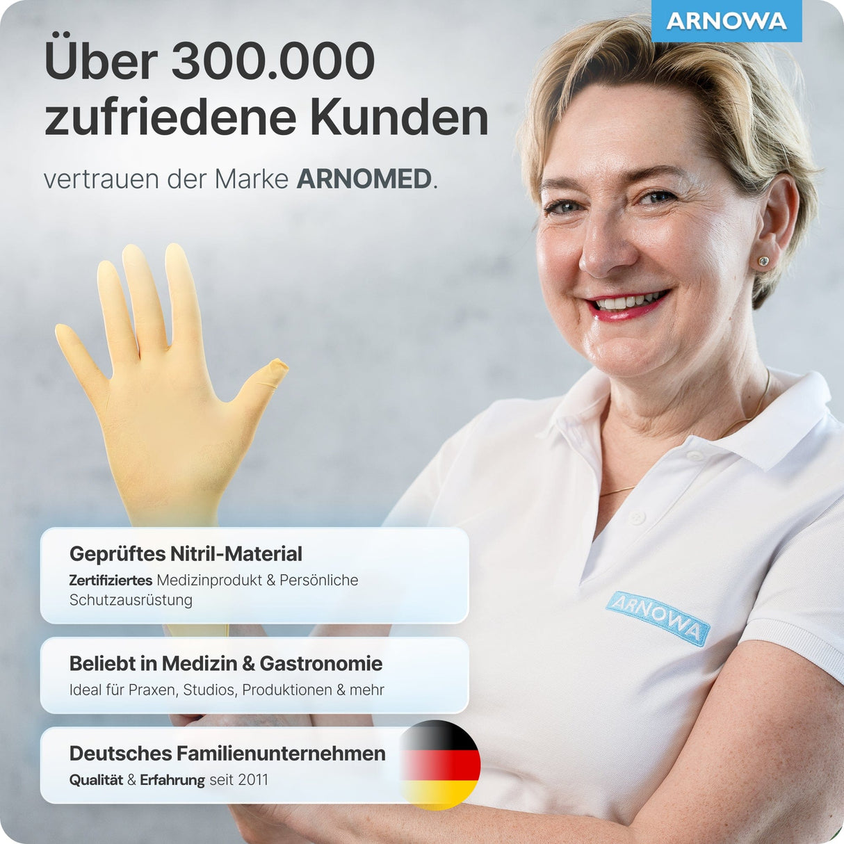 ARNOMED Einweghandschuhe Nitril Gelb (Sunflower Yellow) in Aktion mit zufriedener Kundin mit Handschuhen