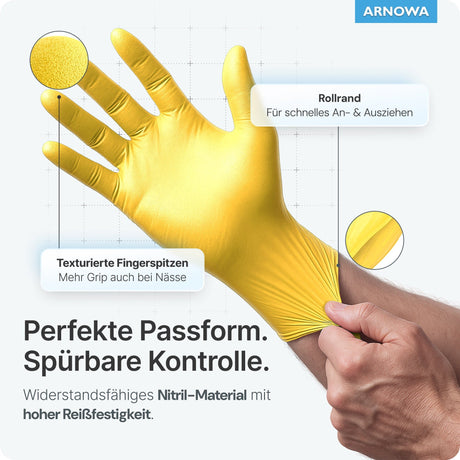 ARNOMED Einweghandschuhe Nitril Gelb (Sunflower Yellow) mit texturierten Fingerspitzen und Rollrand für besseren Grip