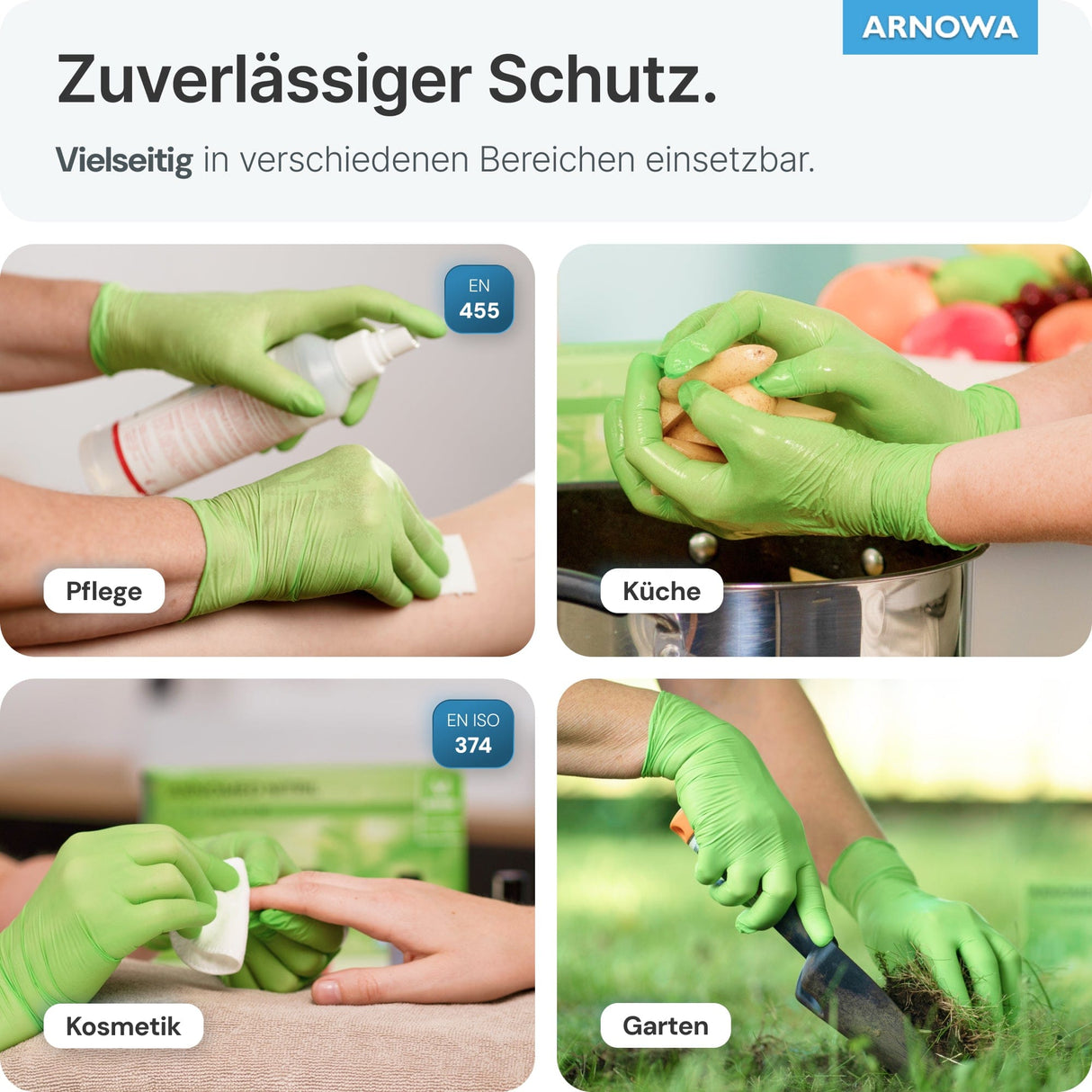 ARNOMED Einweghandschuhe Nitril Grün (Lime Green) bieten zuverlässigen Schutz in Pflege, Küche, Kosmetik und Garten.