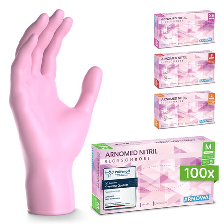 ARNOMED Einweghandschuhe Nitril Rosa in pinkem Farbschema mit Verpackungen in verschiedenen Größen.