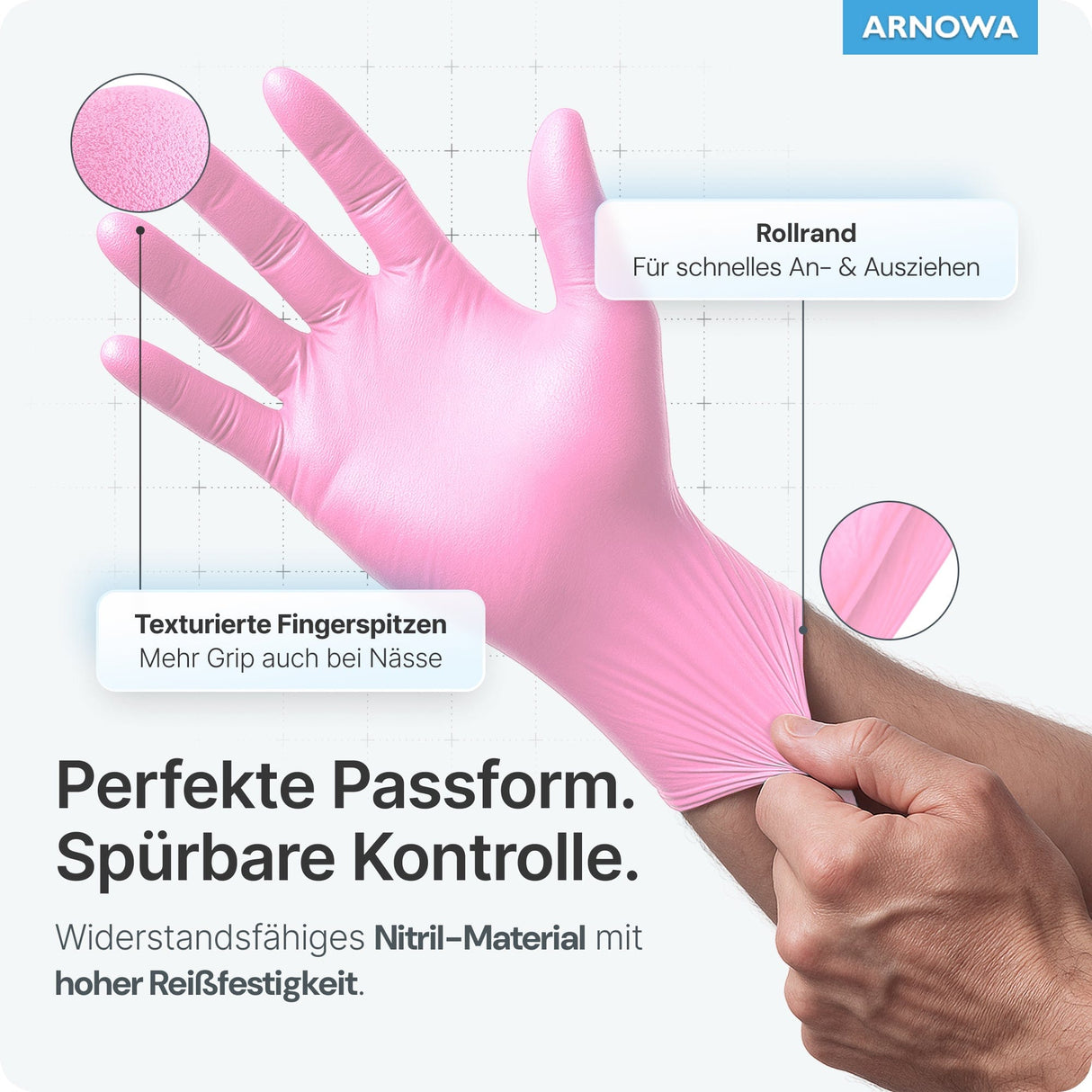 ARNOMED Einweghandschuhe Nitril Rosa mit texturierten Fingerspitzen für präzises Arbeiten und optimalen Grip.