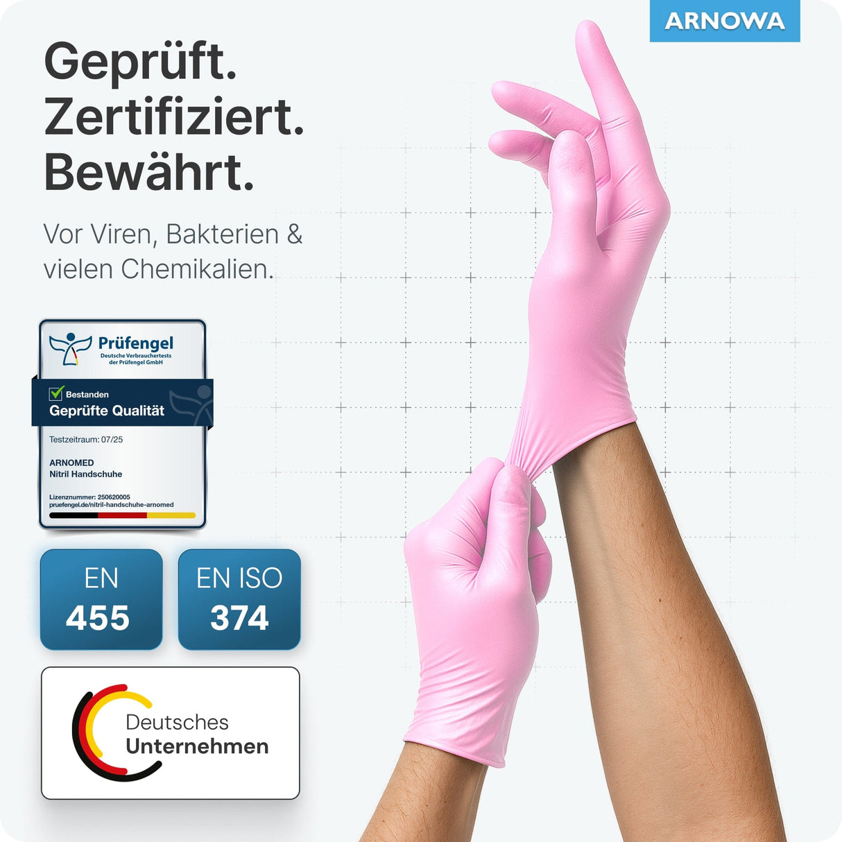 ARNOMED Einweghandschuhe Nitril Rosa, getestet gegen Viren und Bakterien, ideal für Hygiene und Sicherheit.
