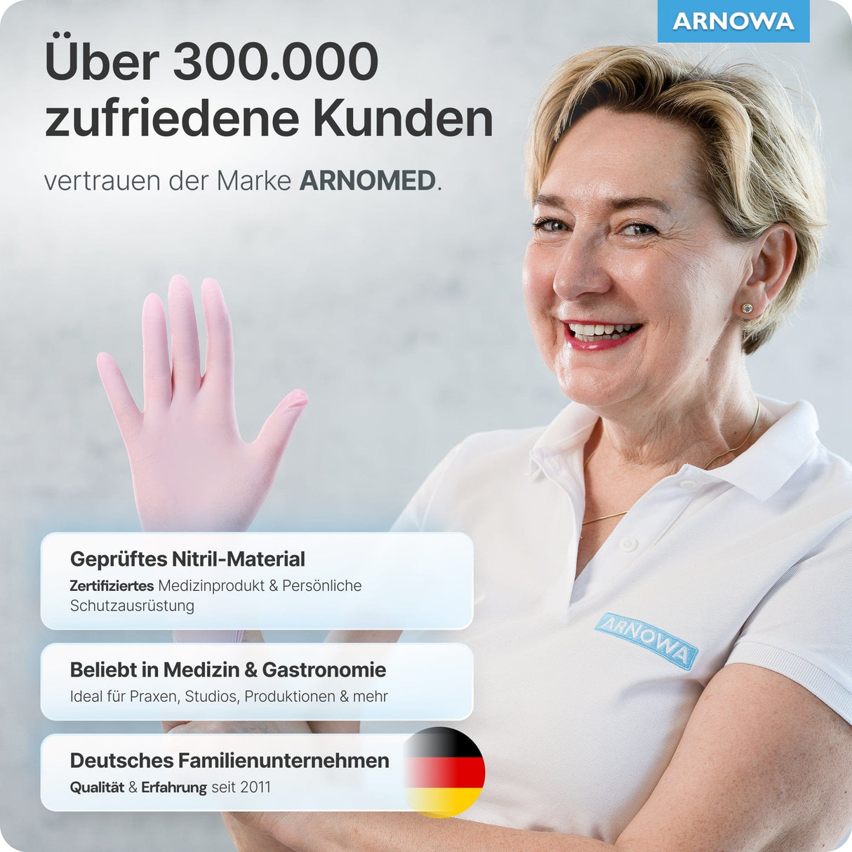 ARNOMED Einweghandschuhe Nitril Rosa in Aktion, geprüftes Nitril-Material, beliebt in Medizin und Gastronomie.