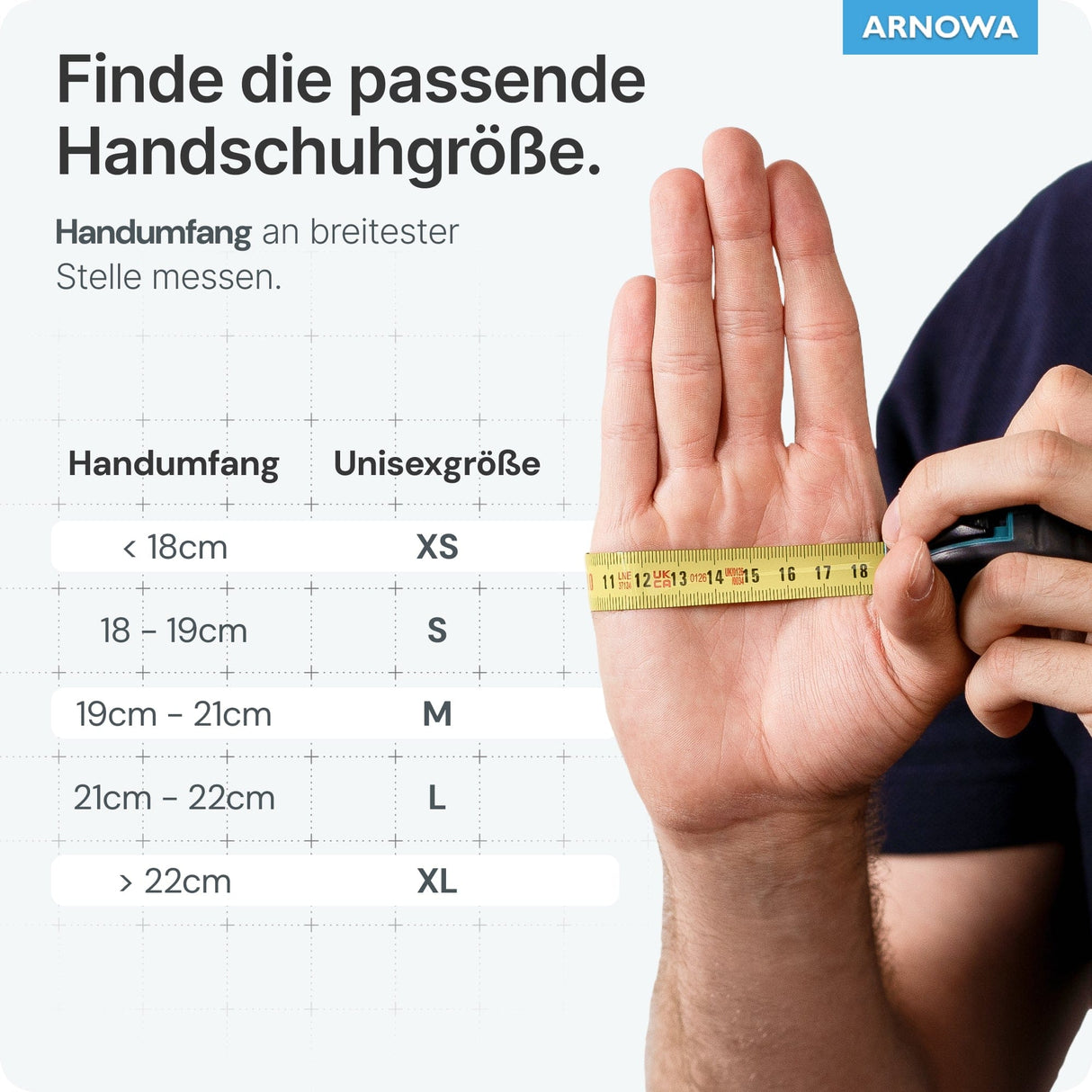 Handschuhgrößenmessung für ARNOMED Einweghandschuhe Nitril Rot (Lava Red) mit Maßband.