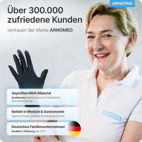 ARNOMED Einweghandschuhe Nitril Schwarz – hochwertige Nitrilhandschuhe für medizinische und gastronomische Anwendungen.