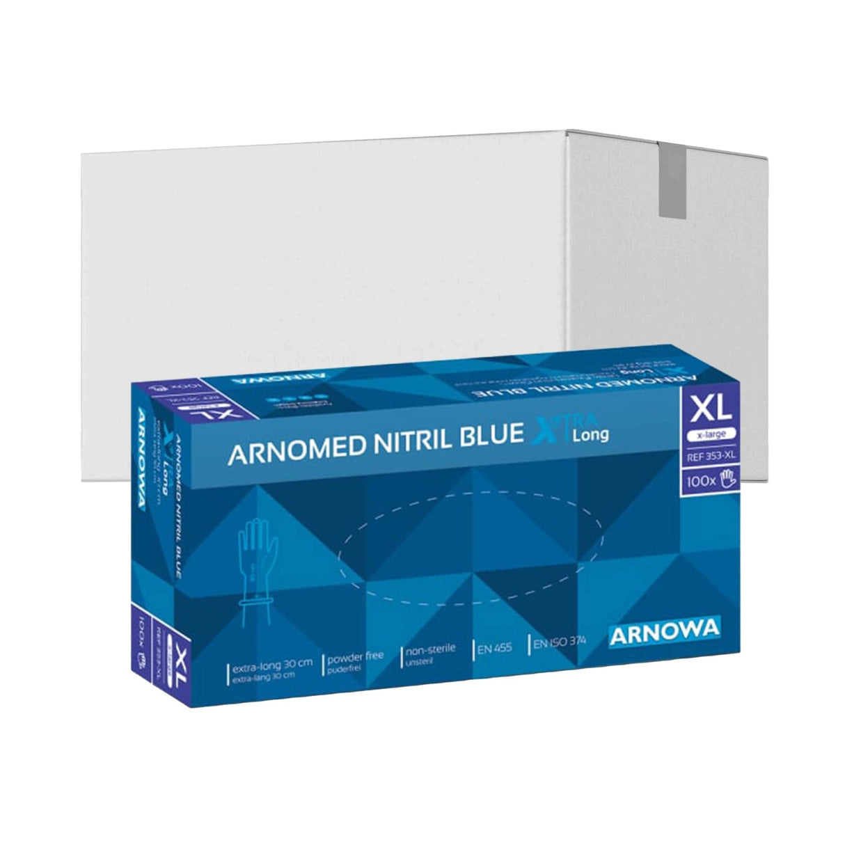 ARNOMED Nitril Blue XTRA LONG Einmalhandschuhe, puderfrei, blau 1 Karton (10 Packungen × 100 Stück), Xl