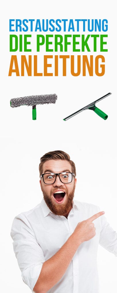 Ein Mann zeigt Produkte auf einem Banner für die perfekte Anleitung zur Glasreinigung