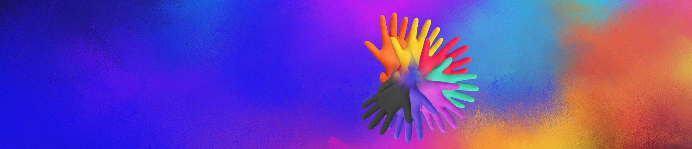 Bunter Banner mit farbingen Einweghandschuhen abgebildet