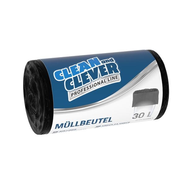 CLEAN and CLEVER PROFESSIONAL Müllbeutel 30 Liter in Schwarz, reißfest und stabil, ideal für professionellen Einsatz.