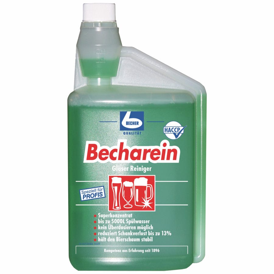 Dr. Becher Becharein Gläserreiniger Pro Konzentrat in grüner Flasche, geeignet für die professionelle Glasreinigung.