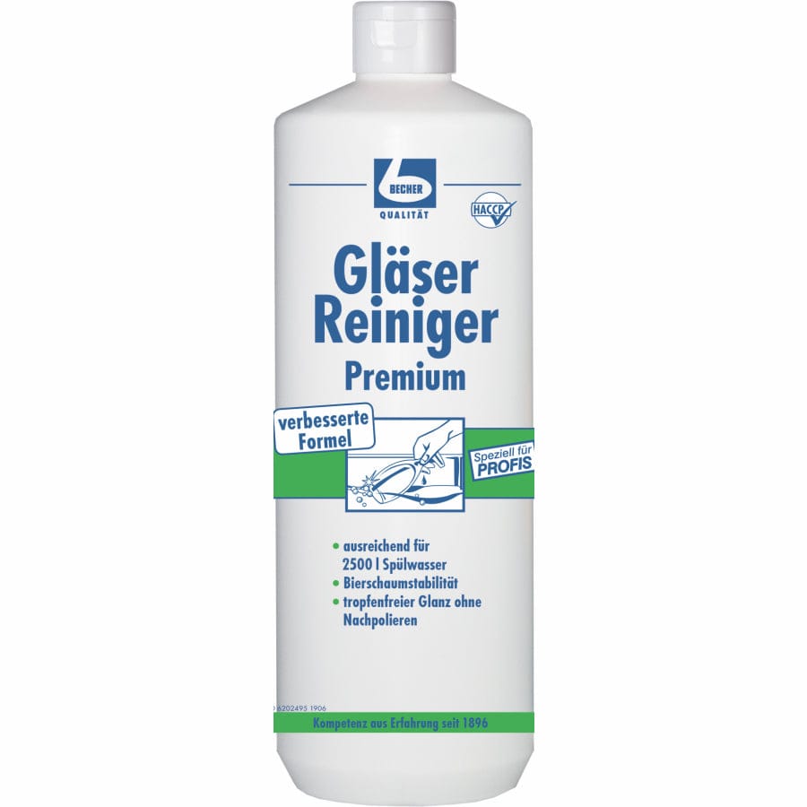 Dr. Becher Gläser-Reiniger Premium in Flasche, optimal für strahlend saubere Gläser ohne Nachpolieren.