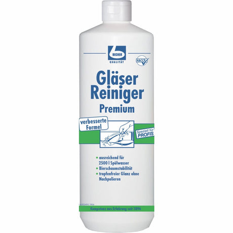 Dr. Becher Gläser-Reiniger Premium in Flasche, optimal für strahlend saubere Gläser ohne Nachpolieren.