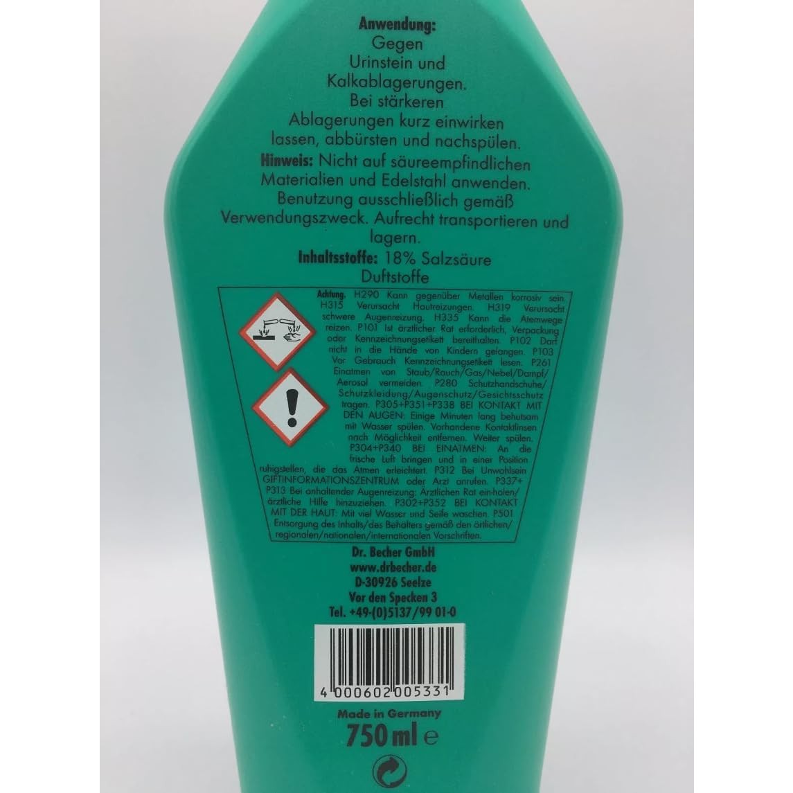 Dr. Becher Urinstein Entferner – Kraftvoll gegen hartnäckige Ablagerungen! – 750 ml Flasche Rückseite mit Inhaltsstoffen.