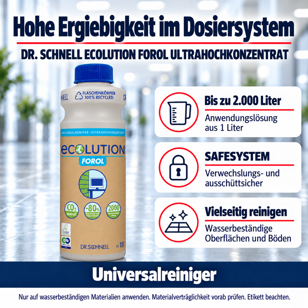 Dr. Schnell ECOLUTION FOROL ULTRAHOCHKONZENTRAT – Vorteile: Bis zu 2.000 Liter: Anwendungslösung aus 1 Liter; SAFESYSTEM: Verwechslungs- und ausschüttsicher; Vielseitig reinigen: Wasserbeständige Oberflächen und Böden.