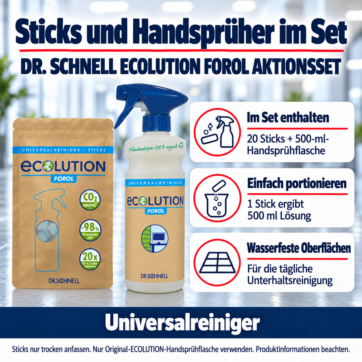 Dr. Schnell ECOLUTION FOROL AKTIONSSET – Vorteile: Im Set enthalten: 20 Sticks + 500-ml-Handsprühflasche; Einfach portionieren: 1 Stick ergibt 500 ml Lösung; Wasserfeste Oberflächen: Für die tägliche Unterhaltsreinigung.