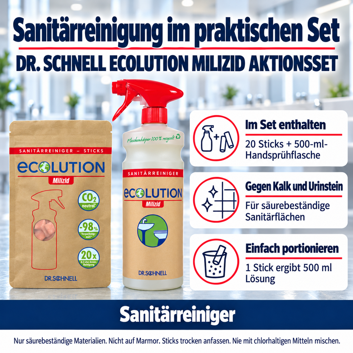 Dr. Schnell ECOLUTION MILIZID AKTIONSSET – Vorteile: Im Set enthalten: 20 Sticks + 500-ml-Handsprühflasche; Gegen Kalk und Urinstein: Für säurebeständige Sanitärflächen; Einfach portionieren: 1 Stick ergibt 500 ml Lösung.