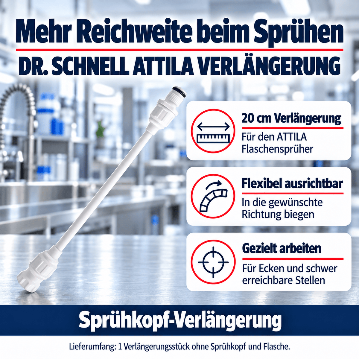 Dr. Schnell ATTILA VERLÄNGERUNG – Vorteile: 20 cm Verlängerung: Für den ATTILA Flaschensprüher; Flexibel ausrichtbar: In die gewünschte Richtung biegen; Gezielt arbeiten: Für Ecken und schwer erreichbare Stellen.