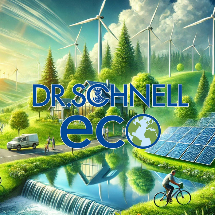 Illustration von Dr. Schnell eco mit erneuerbaren Energien, Windturbinen und Solarzellen in einer nachhaltigen Landschaft.