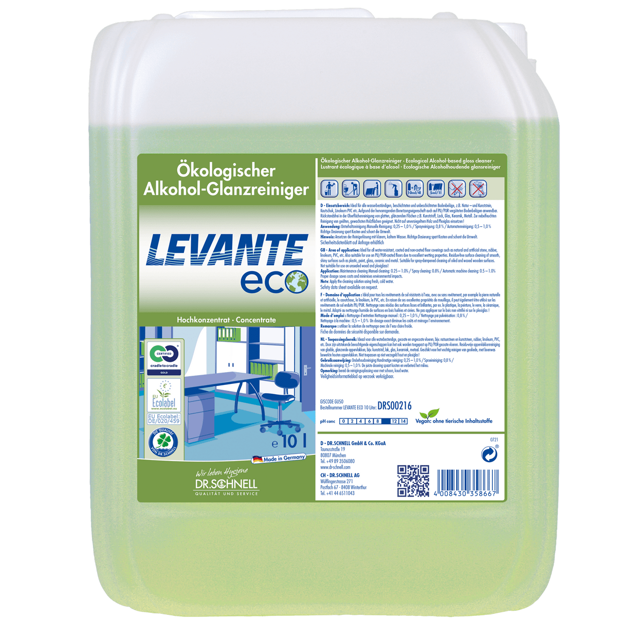 Dr. Schnell Levante Eco ökologischer Alkohol-Glanzreiniger Inhalt: 10 Liter Kanister