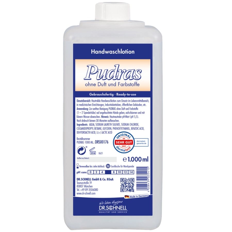 Dr. Schnell PUDRAS Duft- und farbstofffreie Flüssigseife 1 Liter Spenderflasche