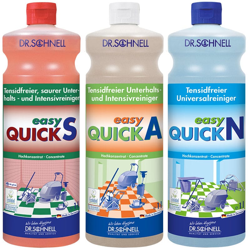 EASY QUICK TRIO – Die 360°-Lösung für die tensidfreie Gebäudereinigung Dr. Schnell Easy Quick A Tensidfreier alkalischer Unterhaltsreiniger (Inhalt): 1 Liter Flasche